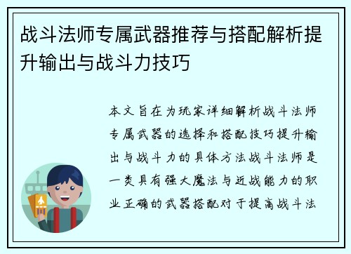 战斗法师专属武器推荐与搭配解析提升输出与战斗力技巧
